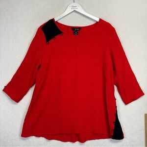 Ali Miles Top Womens Large Red Black 3/4 Sleeves Tunic Pullover Blouse Buttons